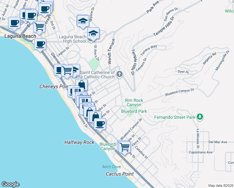 map of restaurants, bars, coffee shops, grocery stores, and more near 1215 Brangwyn Way in Laguna Beach