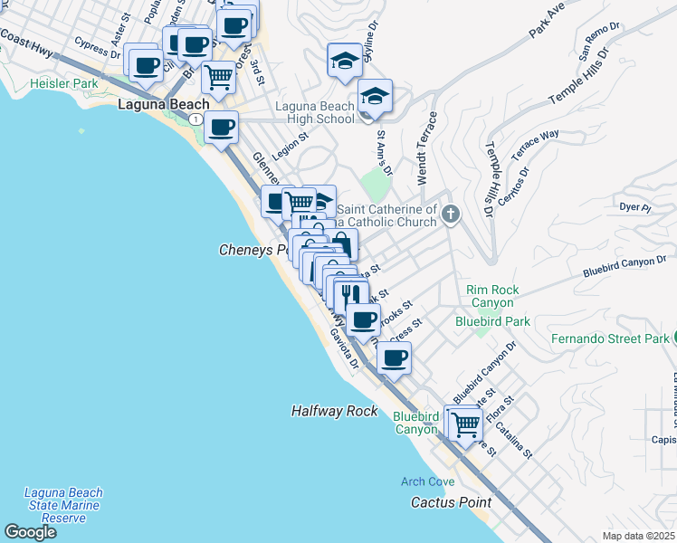 map of restaurants, bars, coffee shops, grocery stores, and more near 987 Glenneyre Street in Laguna Beach