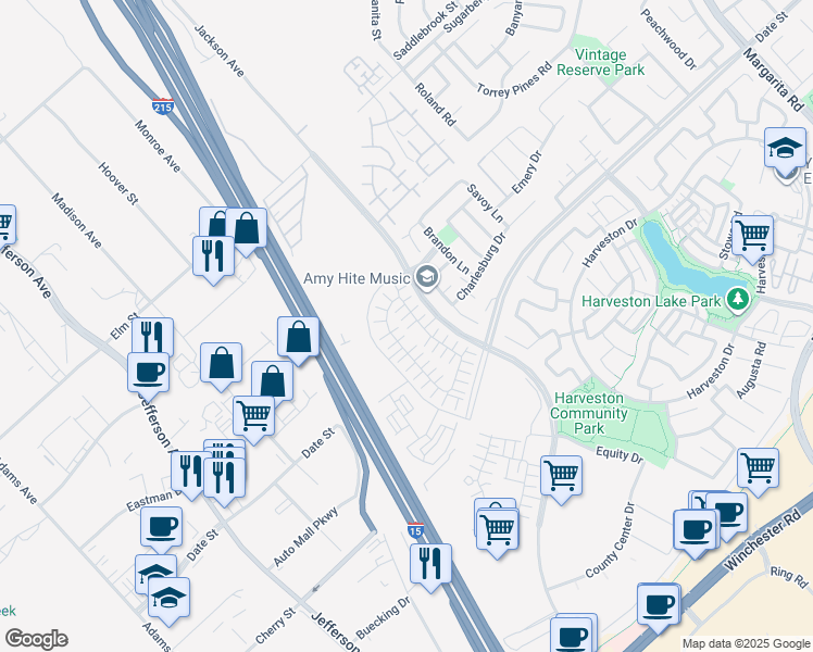 map of restaurants, bars, coffee shops, grocery stores, and more near Ynez Road in Temecula