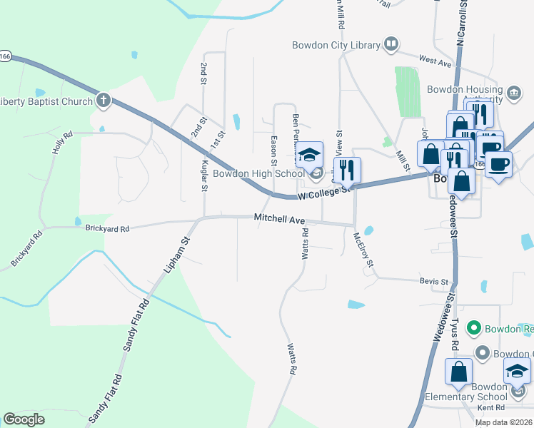 map of restaurants, bars, coffee shops, grocery stores, and more near 115 Elm Street in Bowdon