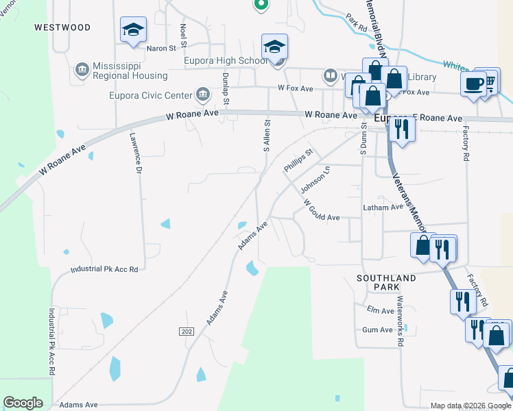 map of restaurants, bars, coffee shops, grocery stores, and more near 201-299 South Allen Street in Eupora