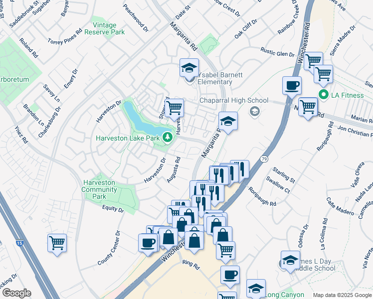 map of restaurants, bars, coffee shops, grocery stores, and more near 40211 Rosewell Court in Temecula