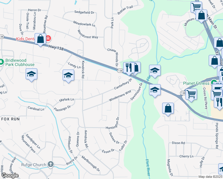 map of restaurants, bars, coffee shops, grocery stores, and more near 302 Windemere Way in Jonesboro