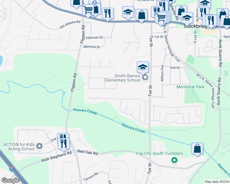 map of restaurants, bars, coffee shops, grocery stores, and more near 150 Glynn Addy Drive in Stockbridge