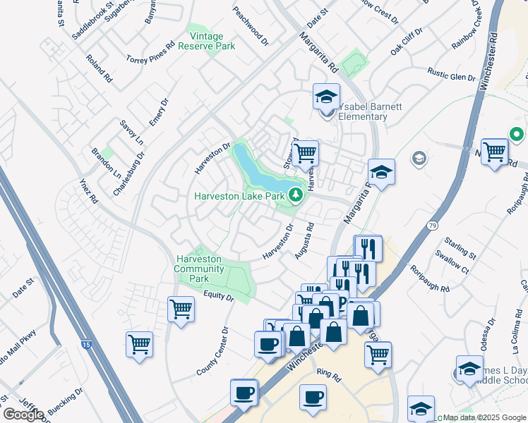 map of restaurants, bars, coffee shops, grocery stores, and more near 40223 Everett Way in Temecula