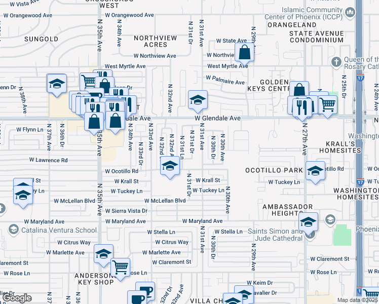 map of restaurants, bars, coffee shops, grocery stores, and more near 3117 West Lawrence Road in Phoenix