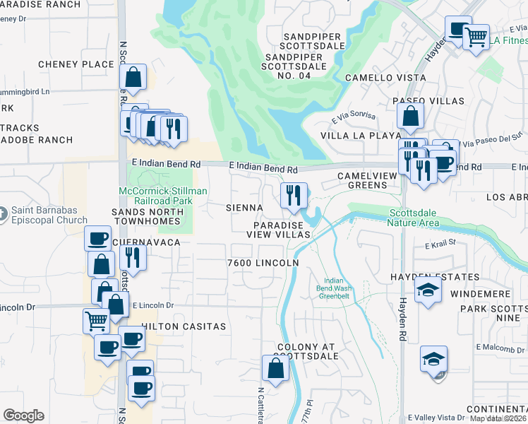 map of restaurants, bars, coffee shops, grocery stores, and more near 7627 East Indian Bend Road in Scottsdale