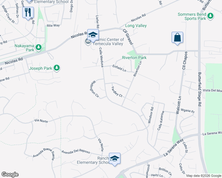 map of restaurants, bars, coffee shops, grocery stores, and more near 40409 Yardley Court in Temecula