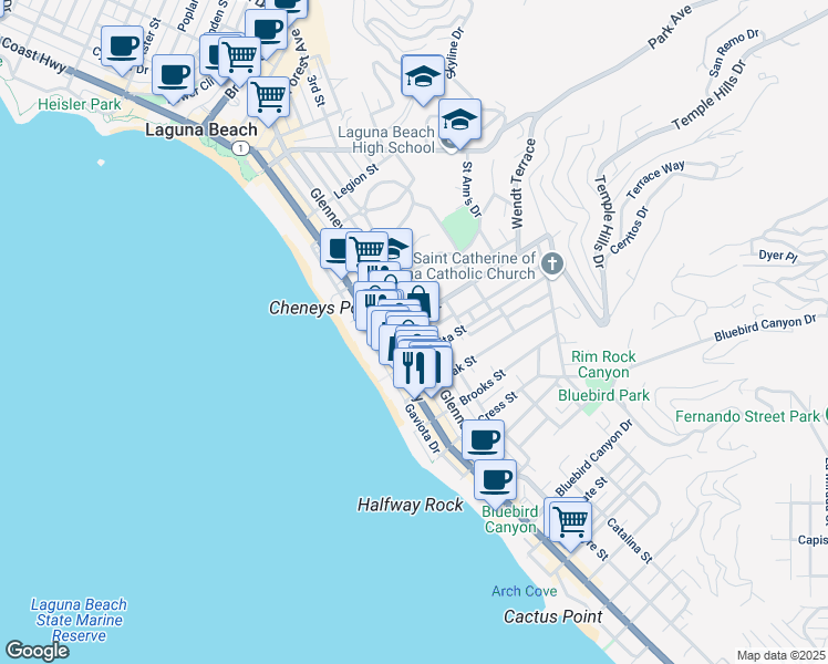 map of restaurants, bars, coffee shops, grocery stores, and more near 987 Glenneyre Street in Laguna Beach