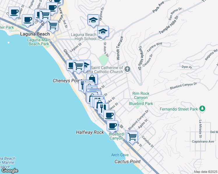 map of restaurants, bars, coffee shops, grocery stores, and more near 533 Lombardy Lane in Laguna Beach