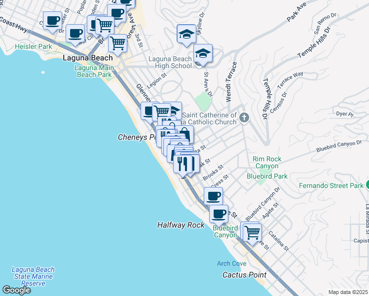 map of restaurants, bars, coffee shops, grocery stores, and more near in Laguna Beach
