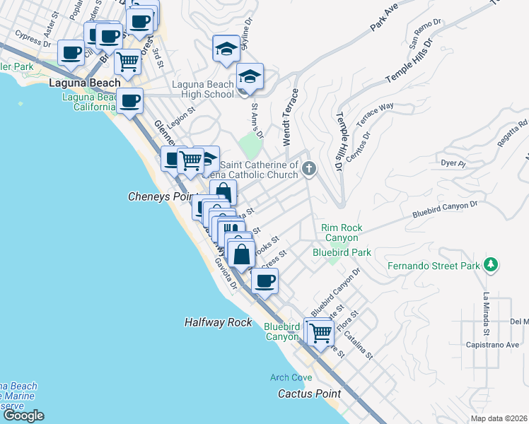 map of restaurants, bars, coffee shops, grocery stores, and more near 533 Lombardy Lane in Laguna Beach