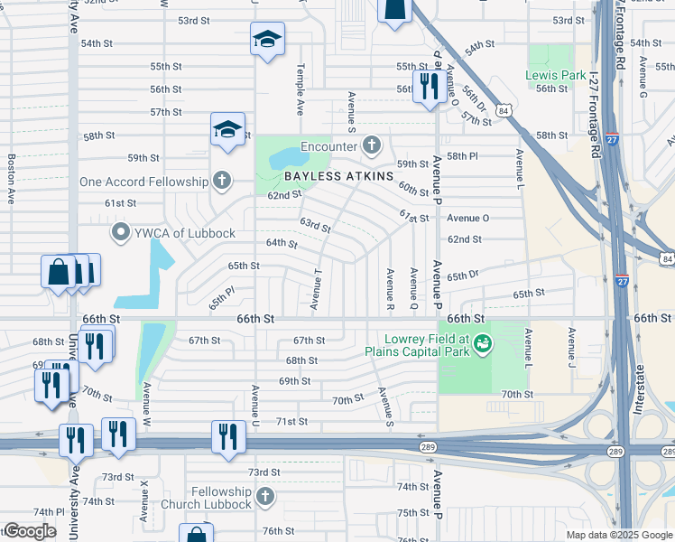 map of restaurants, bars, coffee shops, grocery stores, and more near 6111 Sherman Avenue in Lubbock
