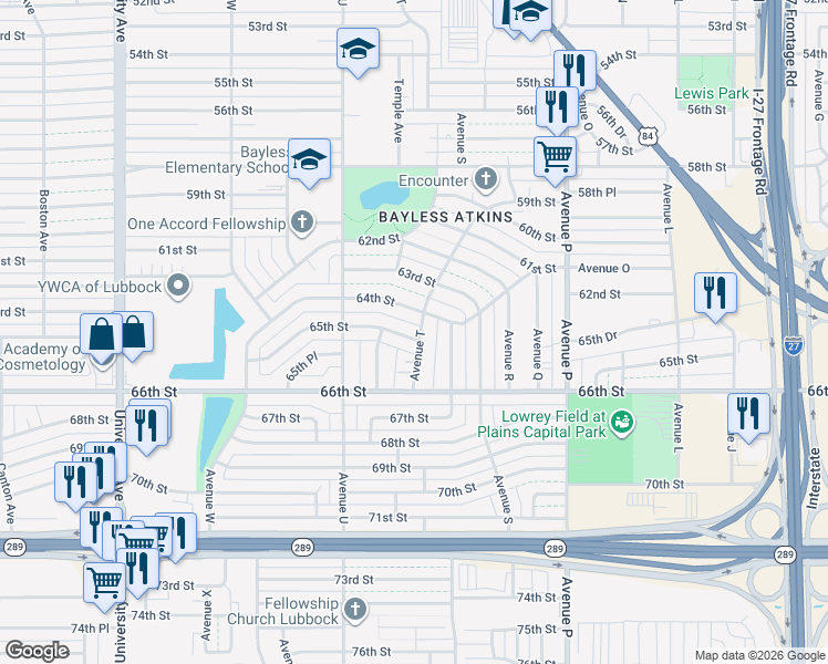 map of restaurants, bars, coffee shops, grocery stores, and more near 2001 65th Street in Lubbock