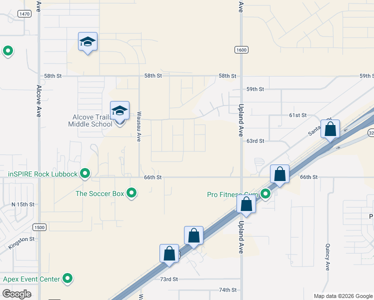 map of restaurants, bars, coffee shops, grocery stores, and more near 7400 66th Street in Lubbock