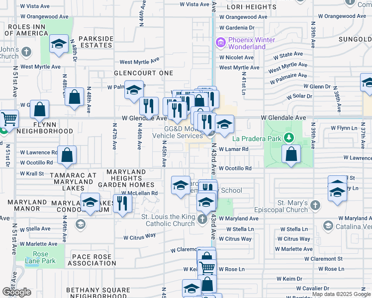 map of restaurants, bars, coffee shops, grocery stores, and more near 6719 North 44th Avenue in Glendale