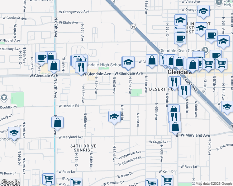 map of restaurants, bars, coffee shops, grocery stores, and more near 6220 West Ocotillo Road in Glendale