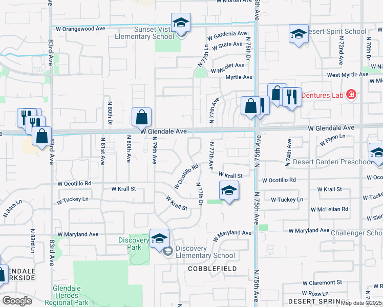 map of restaurants, bars, coffee shops, grocery stores, and more near 7726 West Ocotillo Road in Glendale