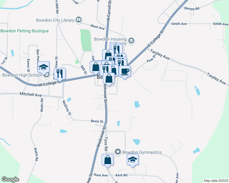 map of restaurants, bars, coffee shops, grocery stores, and more near 110 Parson Street in Bowdon