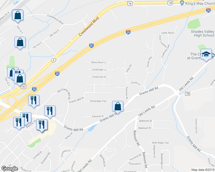 map of restaurants, bars, coffee shops, grocery stores, and more near 8 Wind View Trce in Irondale