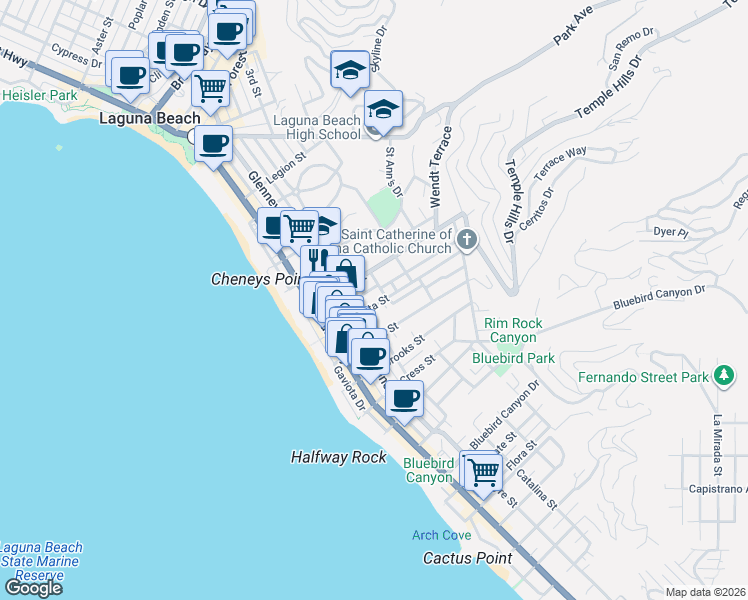 map of restaurants, bars, coffee shops, grocery stores, and more near 1044 Catalina Street in Laguna Beach