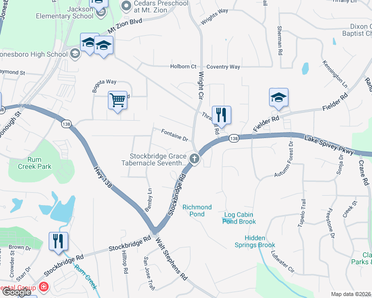 map of restaurants, bars, coffee shops, grocery stores, and more near 1743 Winding Woods Lane in Jonesboro