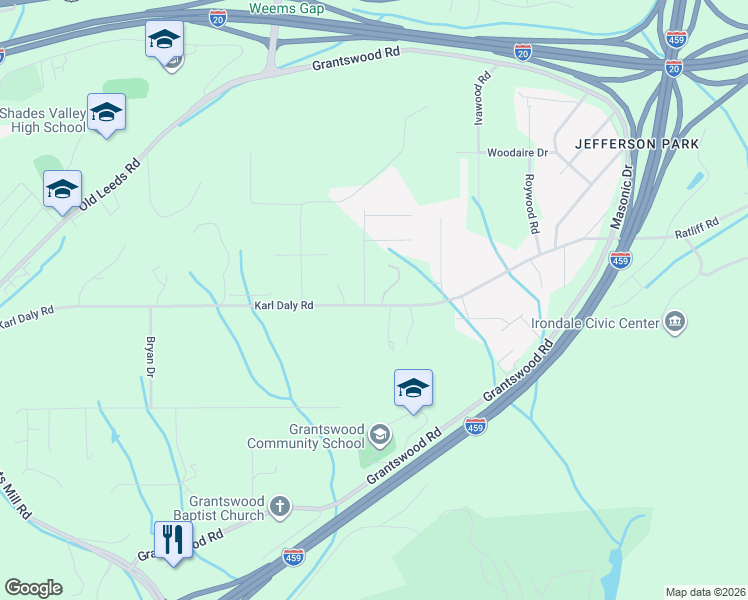 map of restaurants, bars, coffee shops, grocery stores, and more near 3229 Karl Daly Road in Irondale