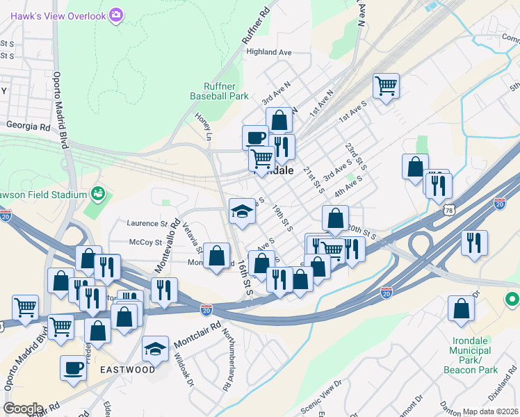map of restaurants, bars, coffee shops, grocery stores, and more near in Irondale