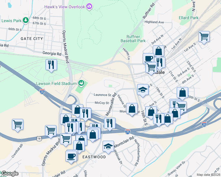 map of restaurants, bars, coffee shops, grocery stores, and more near 1404 Laurence Street in Irondale
