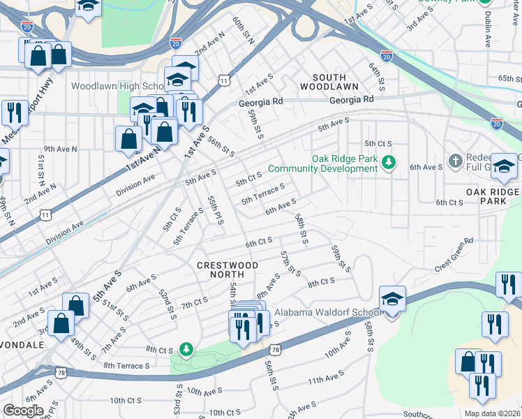 map of restaurants, bars, coffee shops, grocery stores, and more near 5637 6th Avenue South in Birmingham