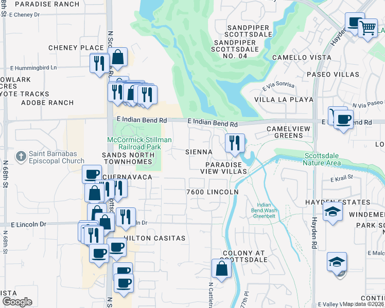 map of restaurants, bars, coffee shops, grocery stores, and more near 7575 East Indian Bend Road in Scottsdale