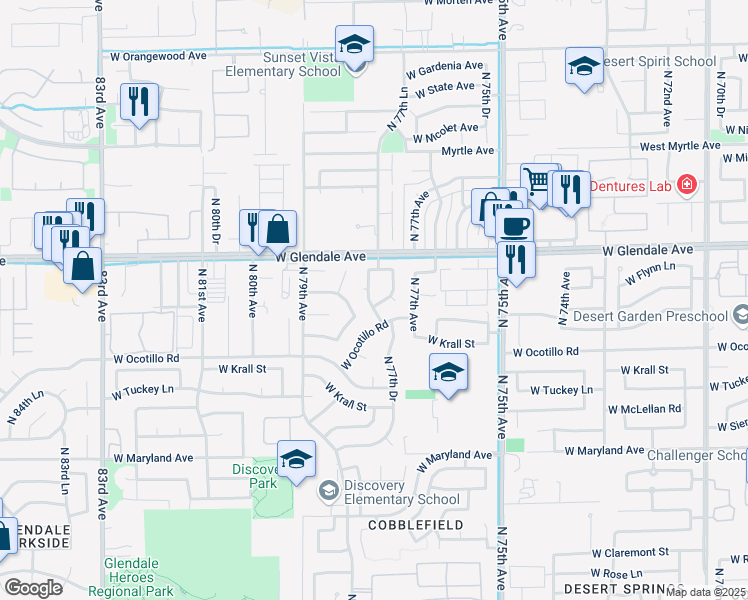 map of restaurants, bars, coffee shops, grocery stores, and more near 7726 West Ocotillo Road in Glendale
