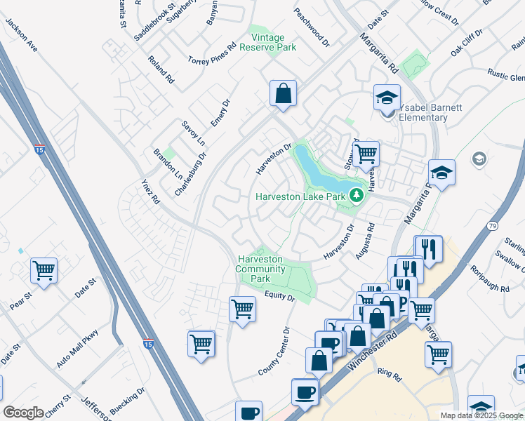 map of restaurants, bars, coffee shops, grocery stores, and more near 40296 Pasadena Drive in Temecula