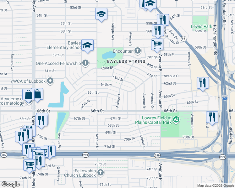 map of restaurants, bars, coffee shops, grocery stores, and more near 2001 65th Street in Lubbock