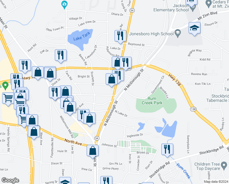 map of restaurants, bars, coffee shops, grocery stores, and more near 144 Jonesboro Road in Jonesboro
