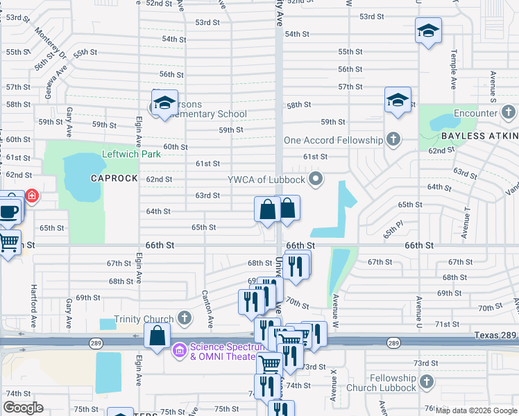 map of restaurants, bars, coffee shops, grocery stores, and more near 2510 64th Street in Lubbock