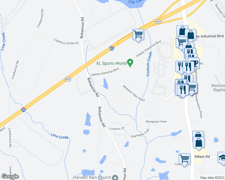 map of restaurants, bars, coffee shops, grocery stores, and more near 7050 Preserve Parkway in Fairburn