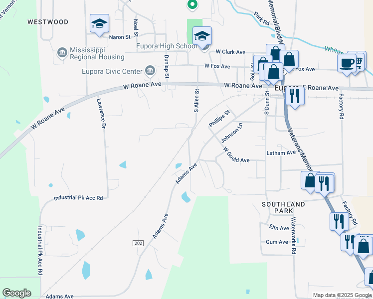 map of restaurants, bars, coffee shops, grocery stores, and more near 101 South Allen Street in Eupora