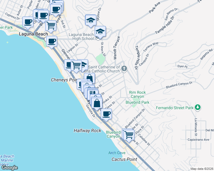 map of restaurants, bars, coffee shops, grocery stores, and more near 545 Lombardy Lane in Laguna Beach