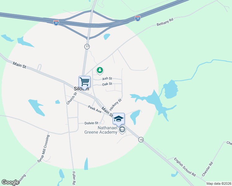 map of restaurants, bars, coffee shops, grocery stores, and more near 1010 Oak Street in Siloam