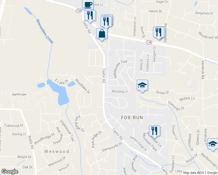 map of restaurants, bars, coffee shops, grocery stores, and more near 264 Stallion Trail in Riverdale