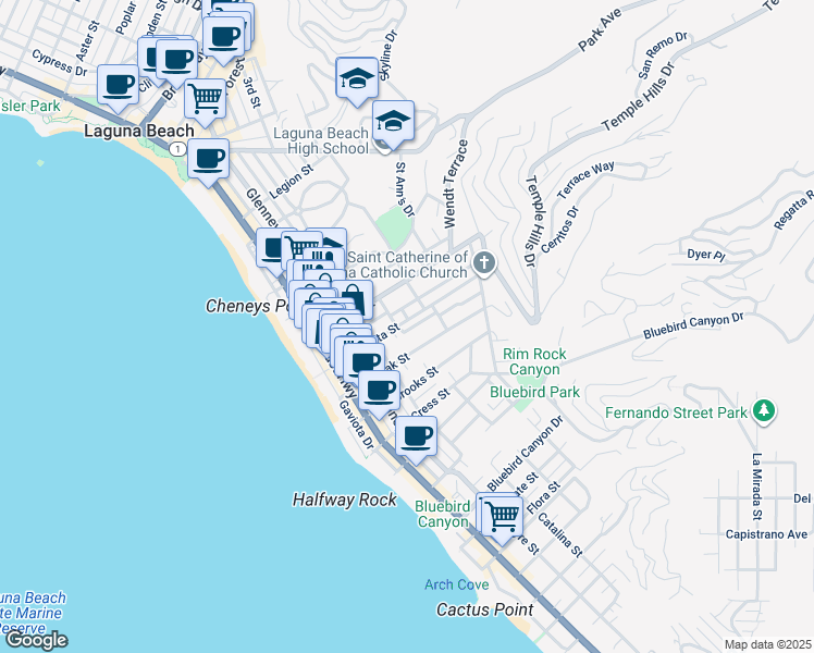 map of restaurants, bars, coffee shops, grocery stores, and more near 521 Anita Street in Laguna Beach
