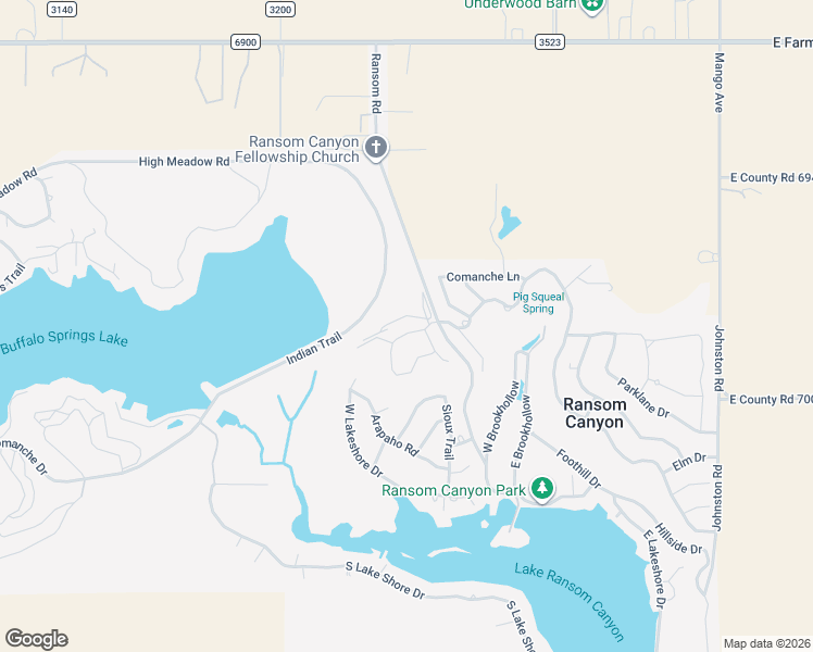 map of restaurants, bars, coffee shops, grocery stores, and more near Ransom Rd in Ransom Canyon