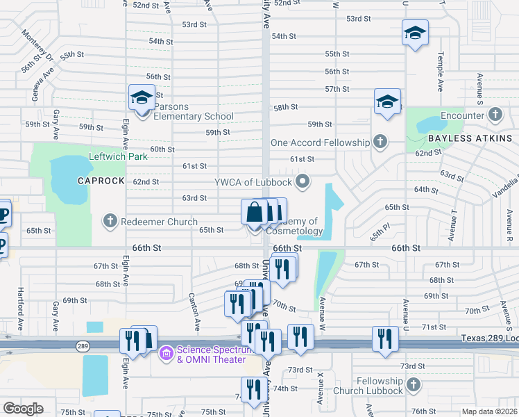 map of restaurants, bars, coffee shops, grocery stores, and more near 2504 63rd Street in Lubbock