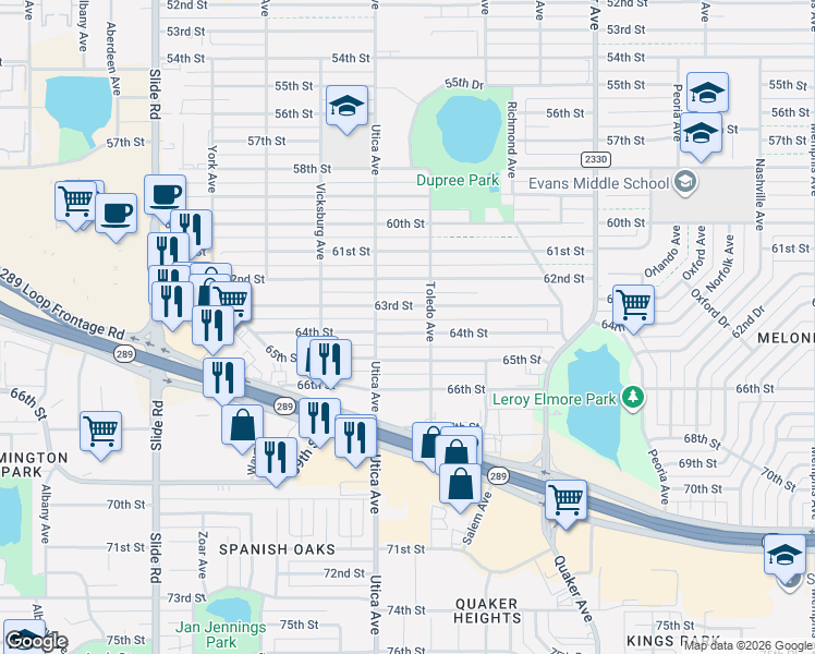 map of restaurants, bars, coffee shops, grocery stores, and more near 4713-4715 63rd Street in Lubbock