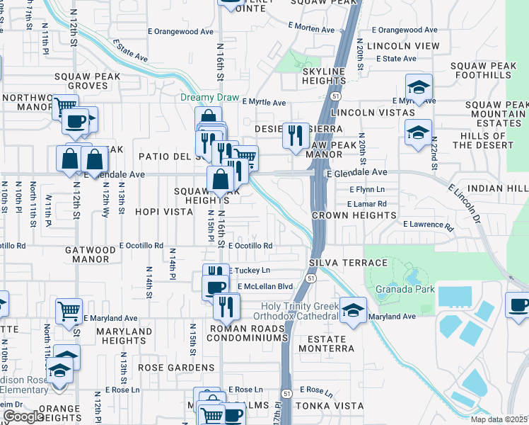 map of restaurants, bars, coffee shops, grocery stores, and more near 1650 East Lamar Road in Phoenix