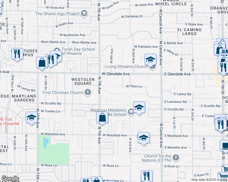 map of restaurants, bars, coffee shops, grocery stores, and more near 416 West Flynn Lane in Phoenix