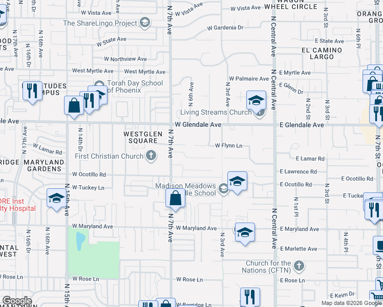 map of restaurants, bars, coffee shops, grocery stores, and more near 416 West Flynn Lane in Phoenix