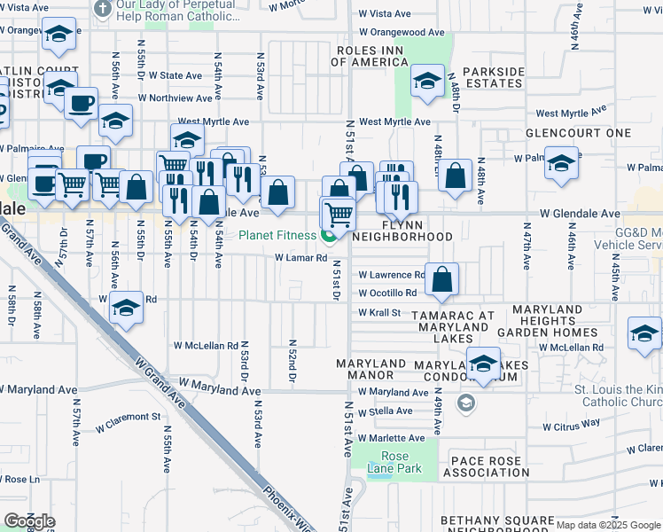 map of restaurants, bars, coffee shops, grocery stores, and more near 5127 West Glendale Avenue in Glendale