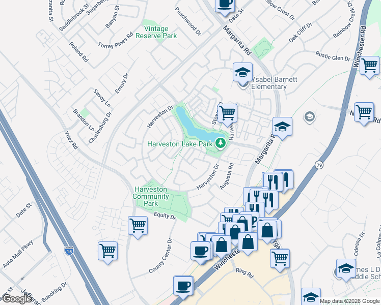 map of restaurants, bars, coffee shops, grocery stores, and more near 28766 South Lake Drive in Temecula